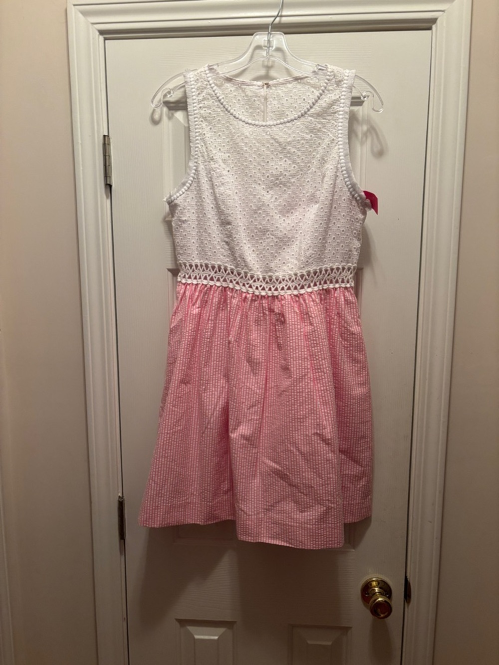 NWT Lilly Pulitzer Alivia Dress White Eyelet Top Pink Gingham Waist-Trim Dress